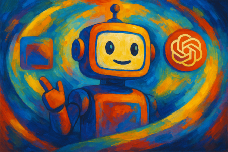Ilustración artística de un robot amigable representando a ChatGPT, rodeado de colores vibrantes y formas abstractas, simbolizando nuevas opciones de suscripción como el plan semanal y vitalicio de OpenAI.