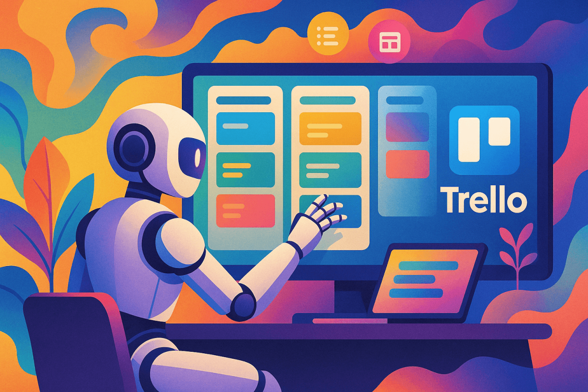Ilustración artística de un robot humanoide interactuando con un tablero Trello digital,