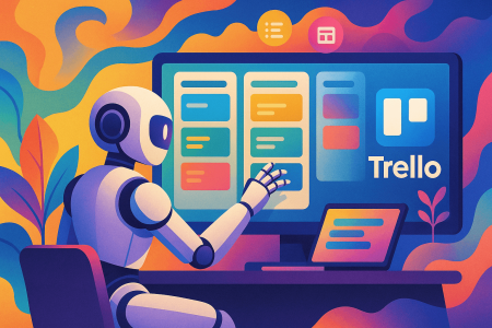 Ilustración artística de un robot humanoide interactuando con un tablero Trello digital,