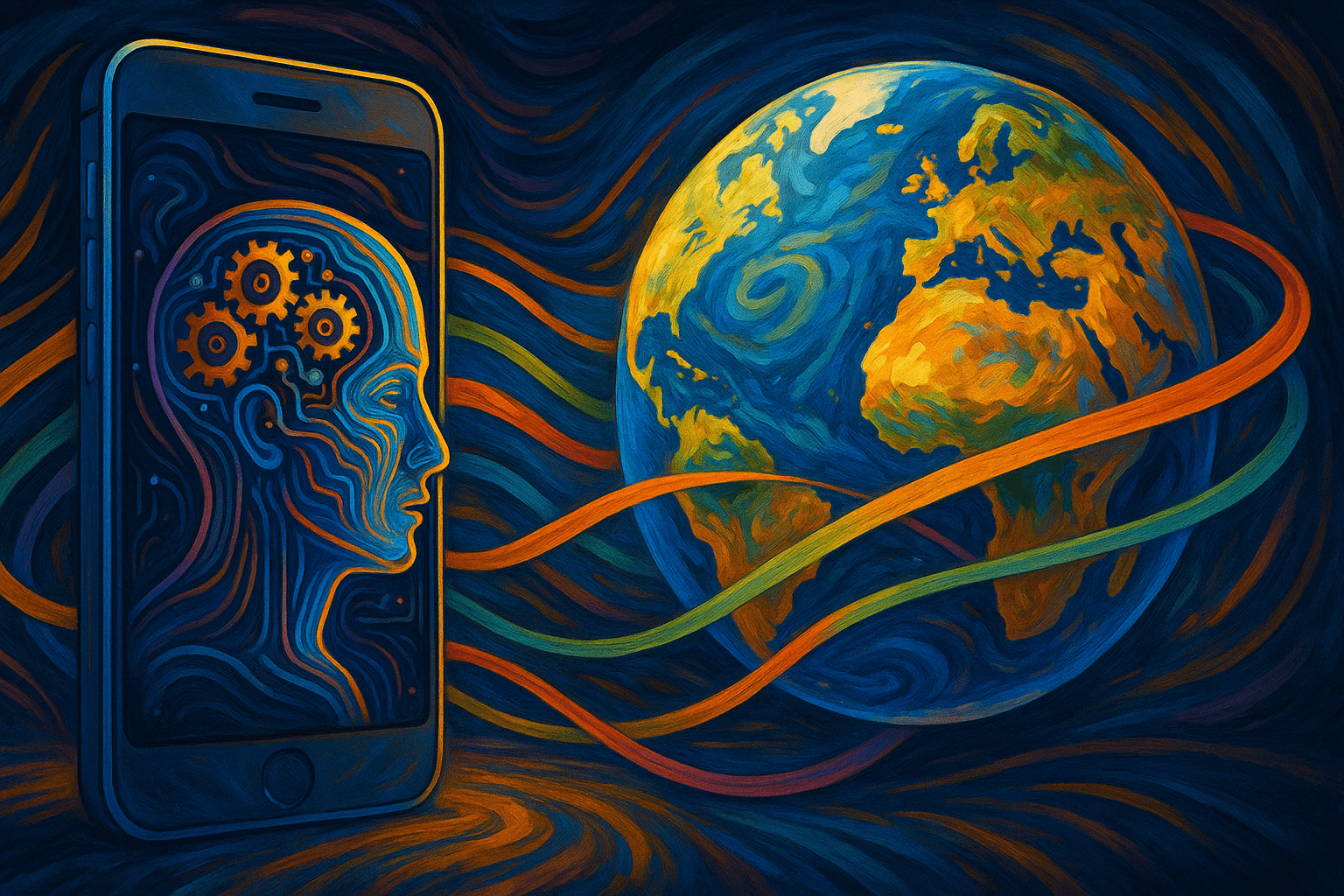 Ilustración artística de un teléfono inteligente mostrando un rostro humano con engranajes, conectado a la Tierra mediante cintas de colores,