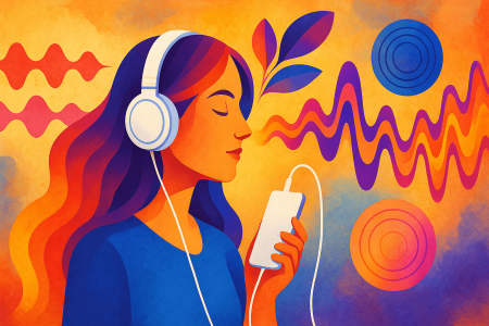 Ilustración artística de una mujer escuchando música terapéutica con auriculares, rodeada de ondas de sonido coloridas