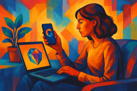 Ilustración artística de una mujer usando su móvil y portátil con íconos de Google y Gemini, representando la búsqueda de piso asistida por IA.
