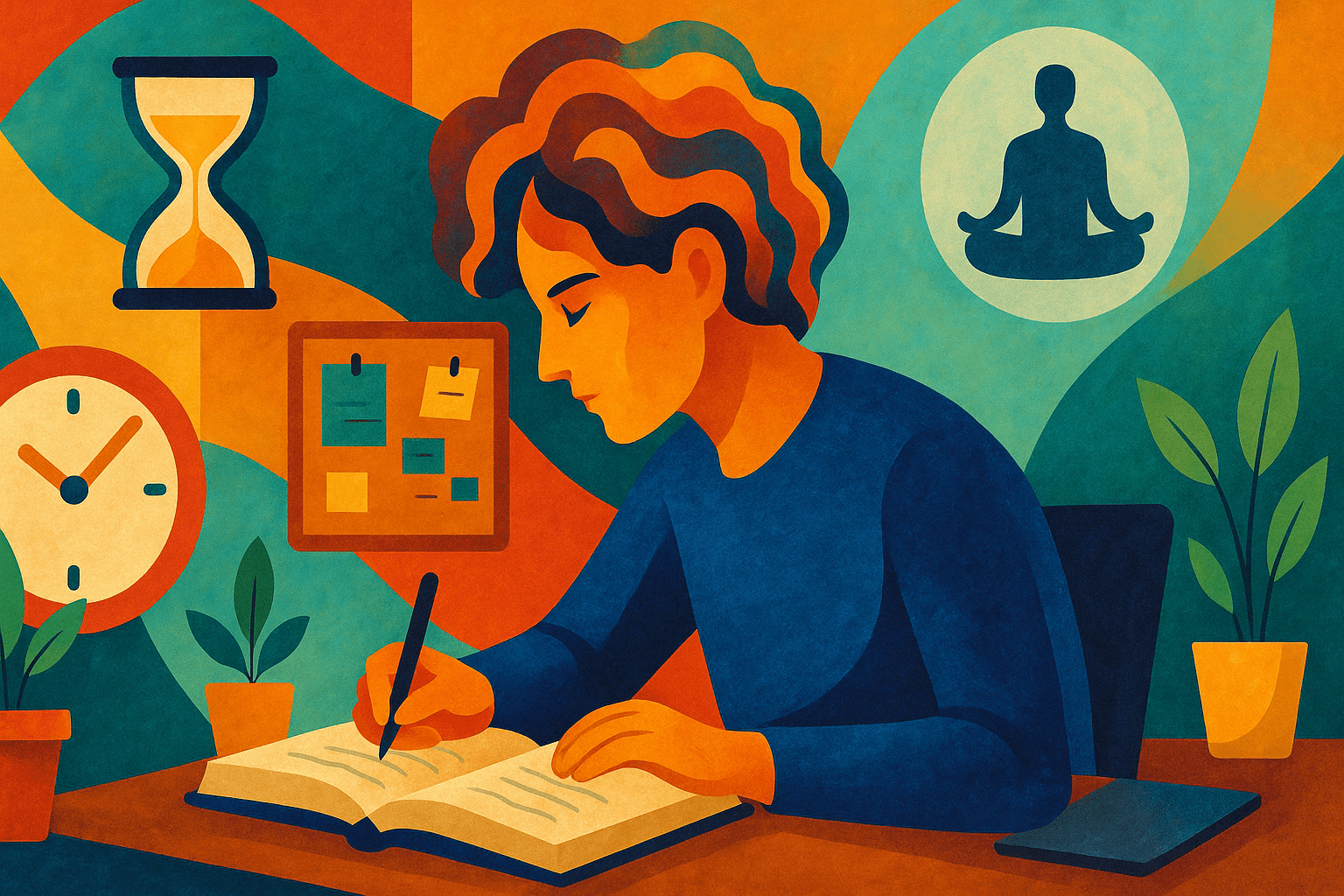 Ilustración artística de una persona estudiando con elementos simbólicos como reloj, tablero de notas, planta y figura meditativa, representando técnicas de productividad personal en el estudio.