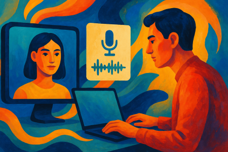 Ilustración artística en estilo expresionista moderno que representa la creación de vídeos con inteligencia artificial, mostrando a un hombre generando un avatar femenino desde su portátil