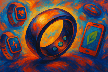 Ilustración artística en estilo óleo que representa un anillo inteligente Acer FreeSense rodeado de gadgets digitales y sensores de salud