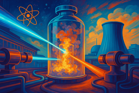 Ilustración artística futurista de una instalación de enriquecimiento de uranio por láser con haces de luz azul y naranja atravesando una cámara de vidrio llena de vapor reactivo
