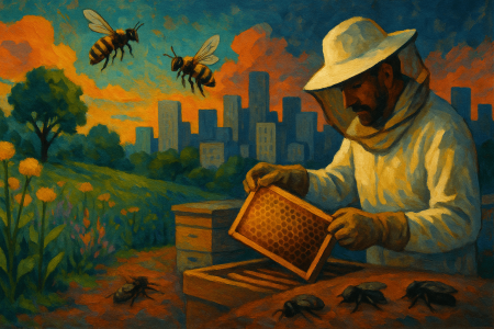 Ilustración artística que representa el declive de las abejas urbanas debido al calentamiento nocturno y la pérdida de hábitat