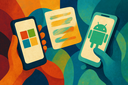 Ilustración artística y colorida de dos manos con móviles Android y Microsoft, compartiendo un archivo digital sin necesidad de iniciar sesión, representado de forma abstracta.