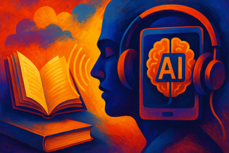 Ilustración artística y colorida de una inteligencia artificial narrando audiolibros