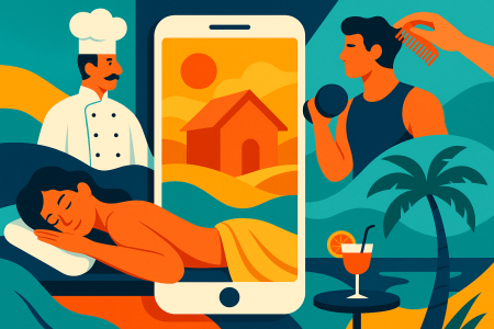 Ilustración artística y colorida que representa los nuevos servicios de la app de Airbnb