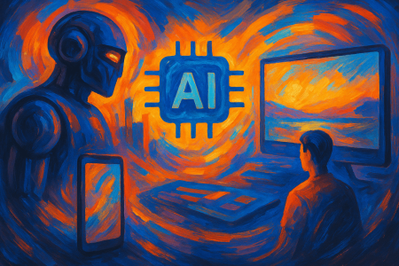 Ilustración colorida de estilo expresionista que representa la interacción entre un humano, una inteligencia artificial y herramientas digitales en un entorno futurista