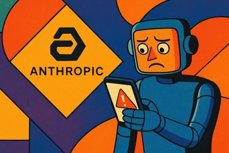 Ilustración colorida de un robot azul con expresión de preocupación mientras observa una alerta en su móvil, acompañado del logotipo de Anthropic, simbolizando el debate sobre inteligencia artificial y ética.