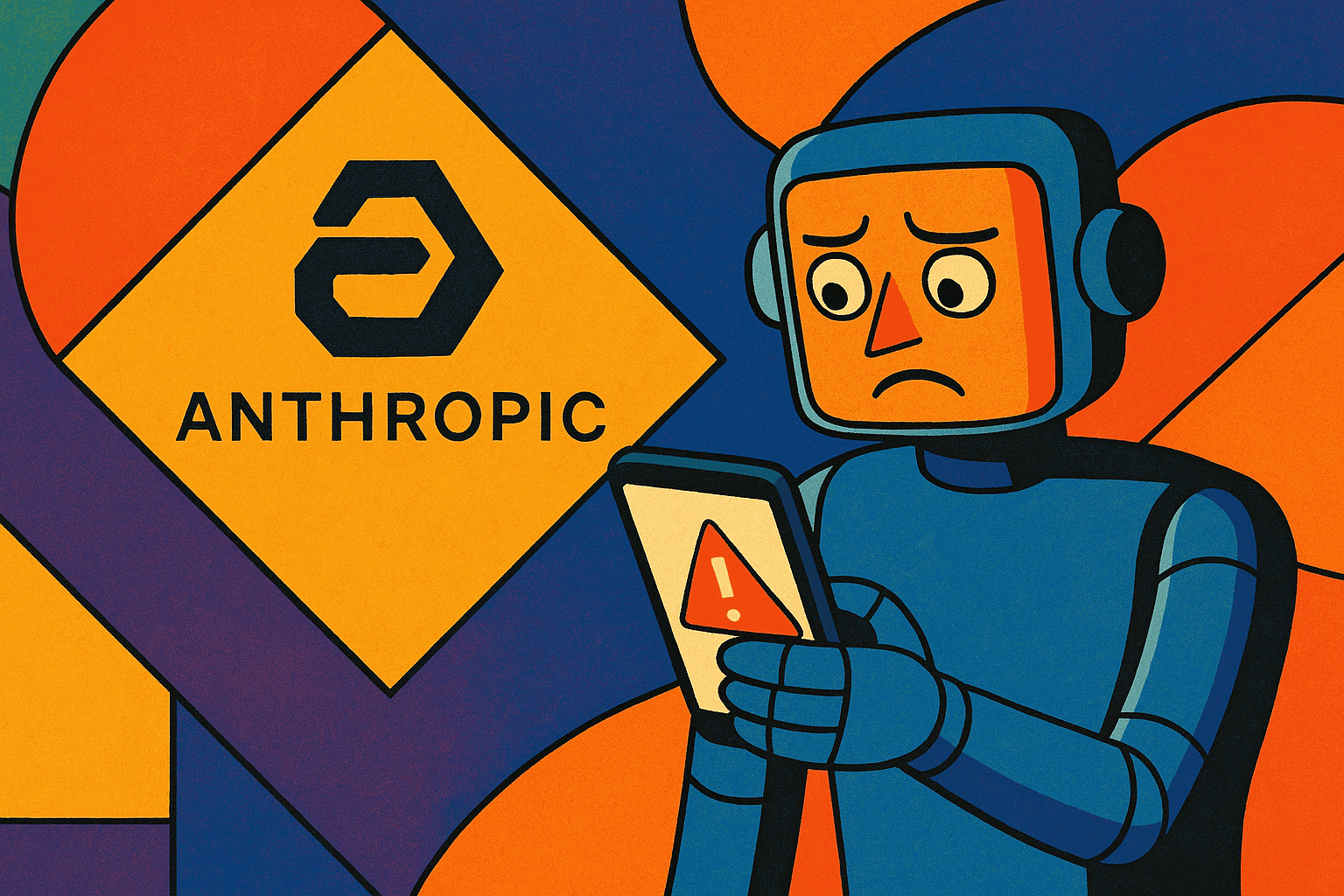 Ilustración colorida de un robot azul con expresión de preocupación mientras observa una alerta en su móvil, acompañado del logotipo de Anthropic, simbolizando el debate sobre inteligencia artificial y ética.