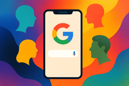 Ilustración colorida de un smartphone con interfaz de búsqueda de Google rodeado de siluetas humanas abstractas