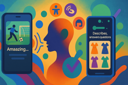 Ilustración colorida que representa funciones de accesibilidad en Android y Chrome, con subtítulos expresivos y reconocimiento visual impulsado por IA