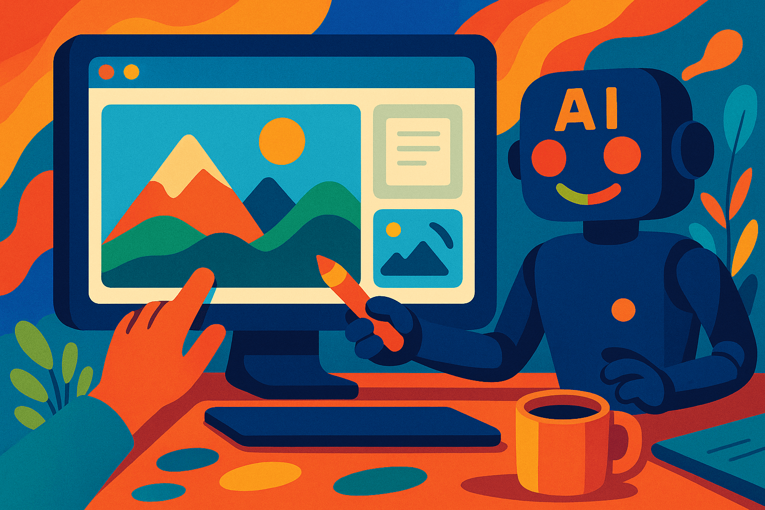 Ilustración colorida que representa un robot de IA ayudando a editar imágenes y resumir documentos desde el Explorador de Archivos en Windows 11, con una interfaz gráfica alegre y moderna.