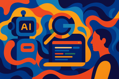 Ilustración conceptual colorida que representa el impacto de la inteligencia artificial y las búsquedas sin clic en el modelo de negocio de la web