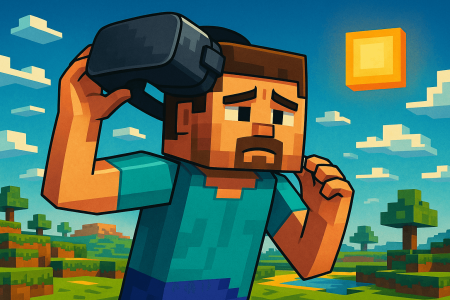 Ilustración de Steve de Minecraft quitándose un visor de realidad virtual, en un paisaje pixelado colorido, simbolizando el fin del soporte VR oficial del juego