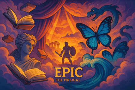 Ilustración de fantasía con héroe griego, libros flotantes y mariposa en escena teatral, inspirada en Epic The Musical.