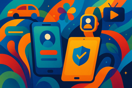 Ilustración digital abstracta y colorida que representa el ecosistema Android 16, con íconos de móvil