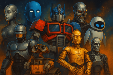 Ilustracion-digital-artistica-con-ocho-robots-famosos-del-cine-como-WALL-E-Optimus-Prime-C-3PO-y-el-T-800