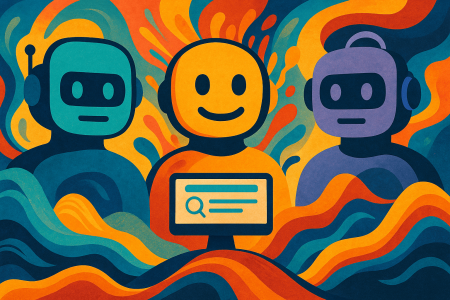 Ilustración digital colorida de tres asistentes de inteligencia artificial estilo robot (Claude, ChatGPT y Gemini)