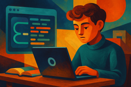 Ilustración digital colorida de un estudiante trabajando en su portátil con código en pantalla, representando el uso de herramientas de programación asistidas por inteligencia artificial.