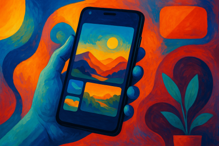 Ilustracion-digital-expresionista-de-una-mano-azul-sosteniendo-un-smartphone-con-una-galeria-de-imagenes-coloridas-en-pantalla-