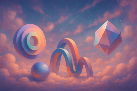 Ilustración onírica con esferas, anillos y figuras geométricas flotando sobre nubes color pastel