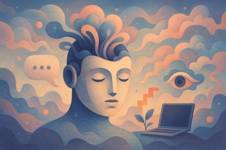 Ilustración onírica de un chatbot de inteligencia artificial rodeado de elementos simbólicos como una computadora, nubes y un ojo, representando vulnerabilidades de seguridad en la IA.