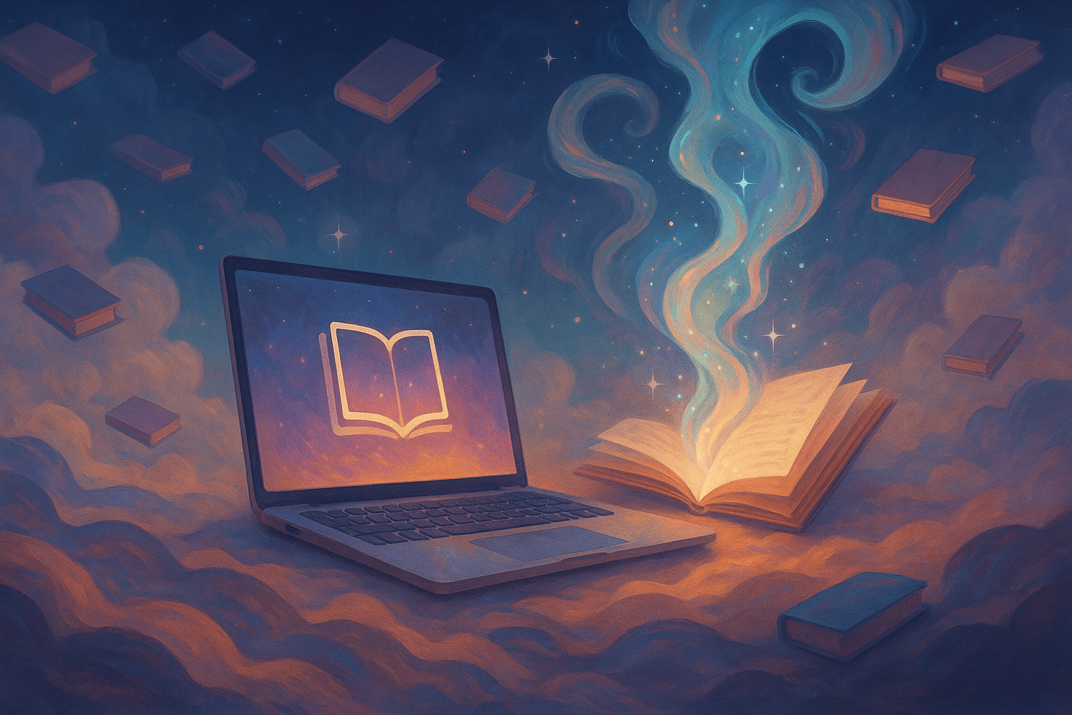 Ilustración onírica de un portátil y un libro flotante con energía cósmica, representando la inteligencia artificial aplicada al aprendizaje móvil.