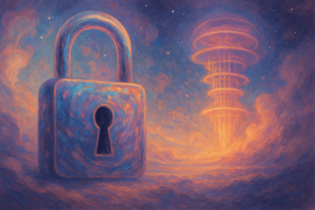 Ilustración onírica de una cerradura y un ordenador cuántico entre nubes de colores suaves, simbolizando la amenaza cuántica a la seguridad RSA.