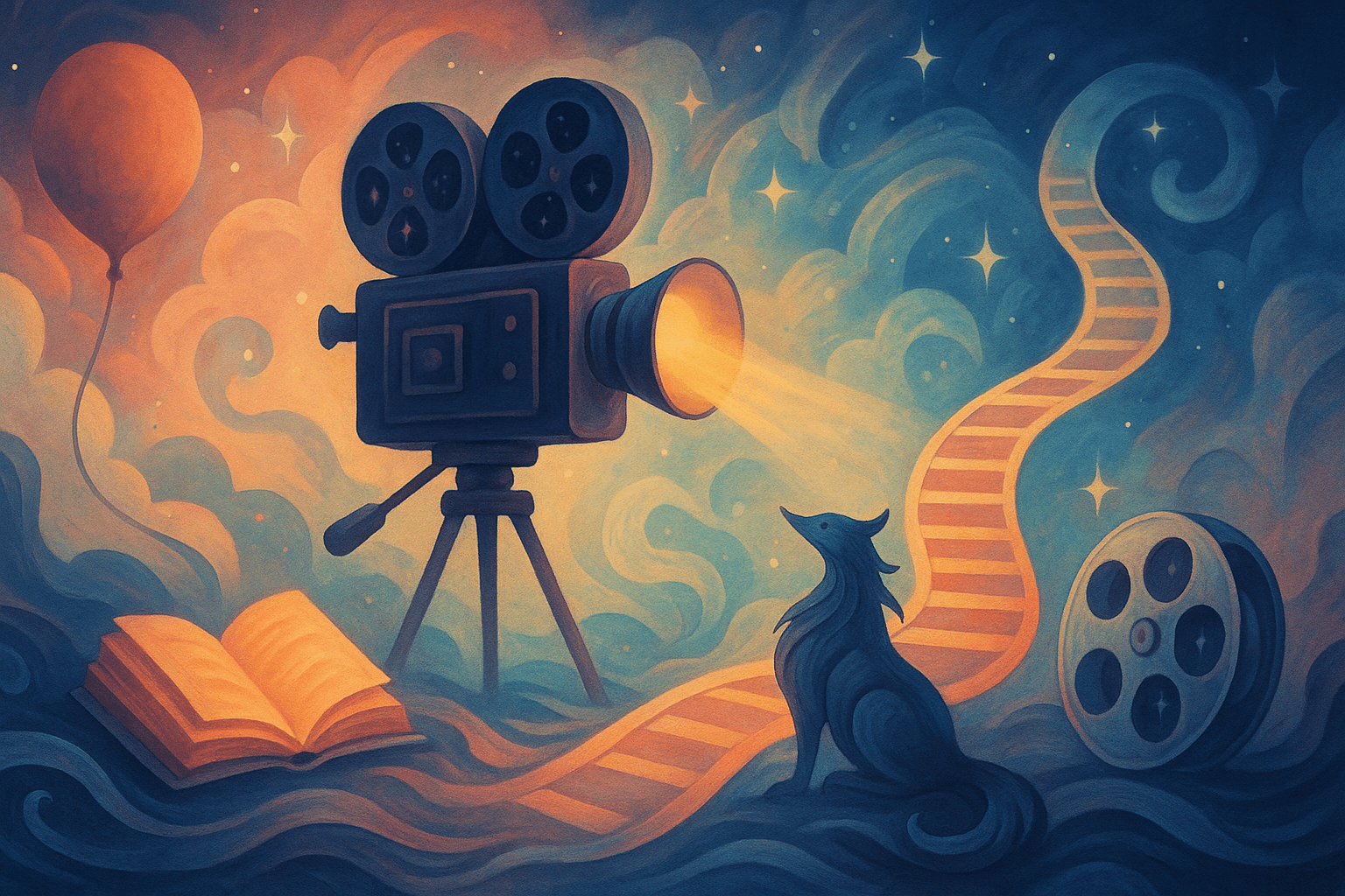 Ilustración surrealista con cámara de cine, criatura fantástica y camino de luz en un paisaje onírico