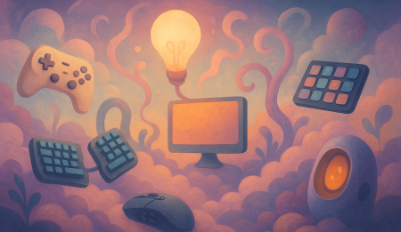 Ilustración surrealista con gadgets tecnológicos flotando en un entorno onírico