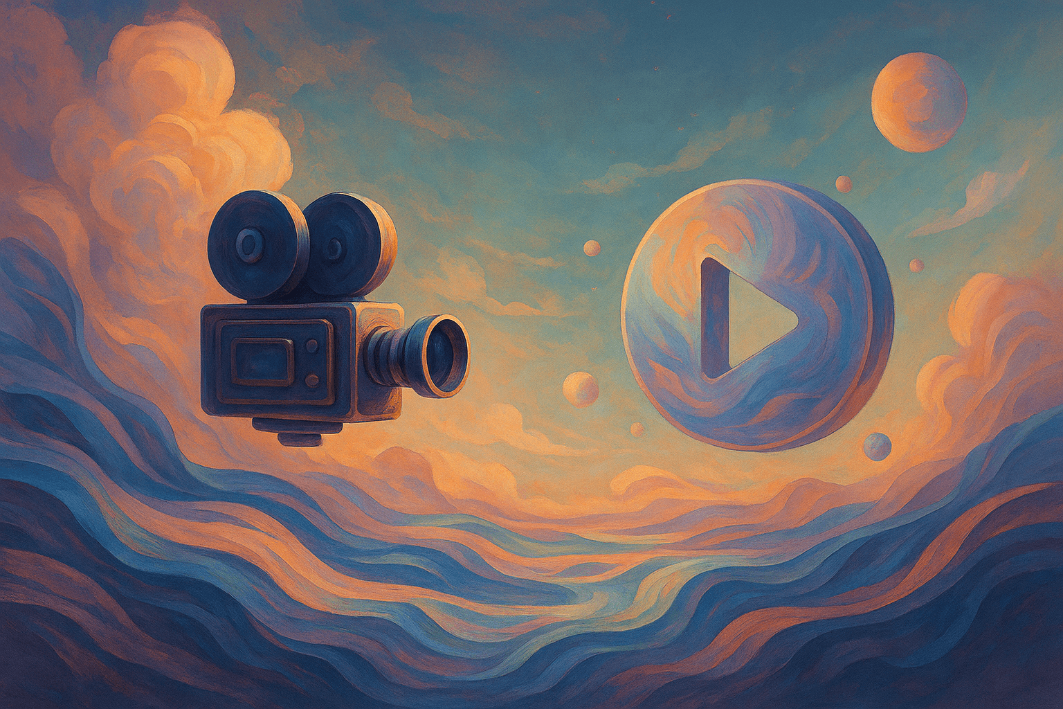 Ilustración surrealista de cámara flotante y botón de reproducción en paisaje de fantasía sobre inteligencia artificial y generación de vídeo