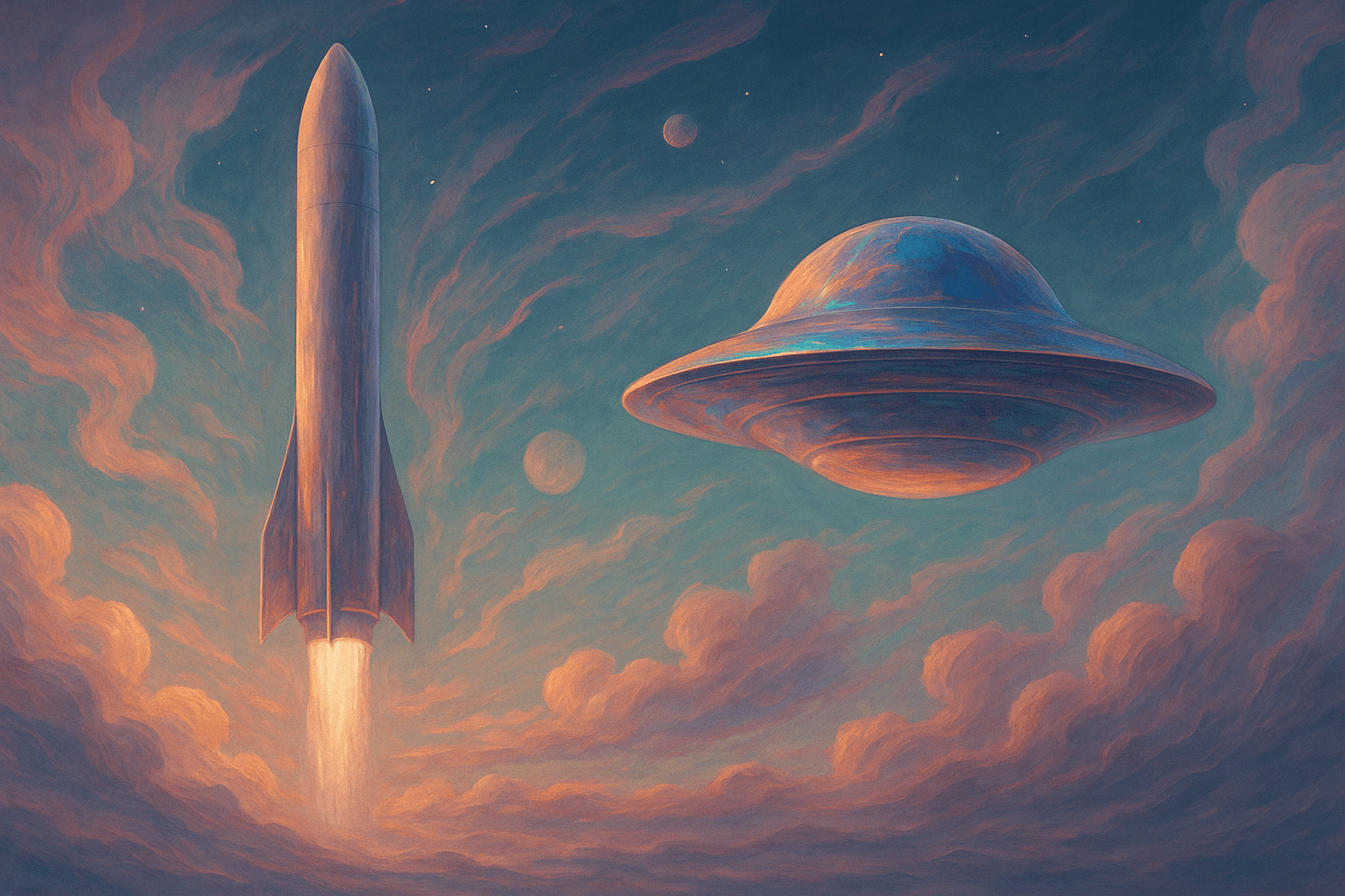 Ilustración surrealista de cohete y platillo volador en un cielo onírico, mostrando el contraste entre ingeniería real y diseño ficticio