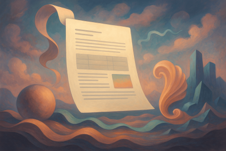 Ilustración surrealista de informe flotante simbolizando la exportación a PDF en ChatGPT