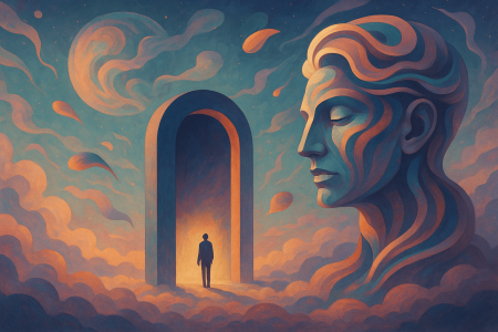 Ilustración surrealista de inteligencia artificial con rostro humano y puerta luminosa entre nubes