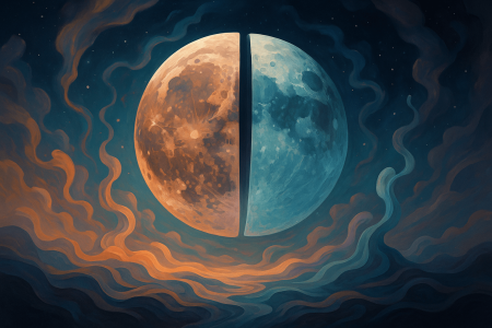 Ilustración surrealista de la Luna partida en dos mitades, con una cara rojiza y otra azulada, flotando sobre un fondo cósmico con nubes de colores y estrellas
