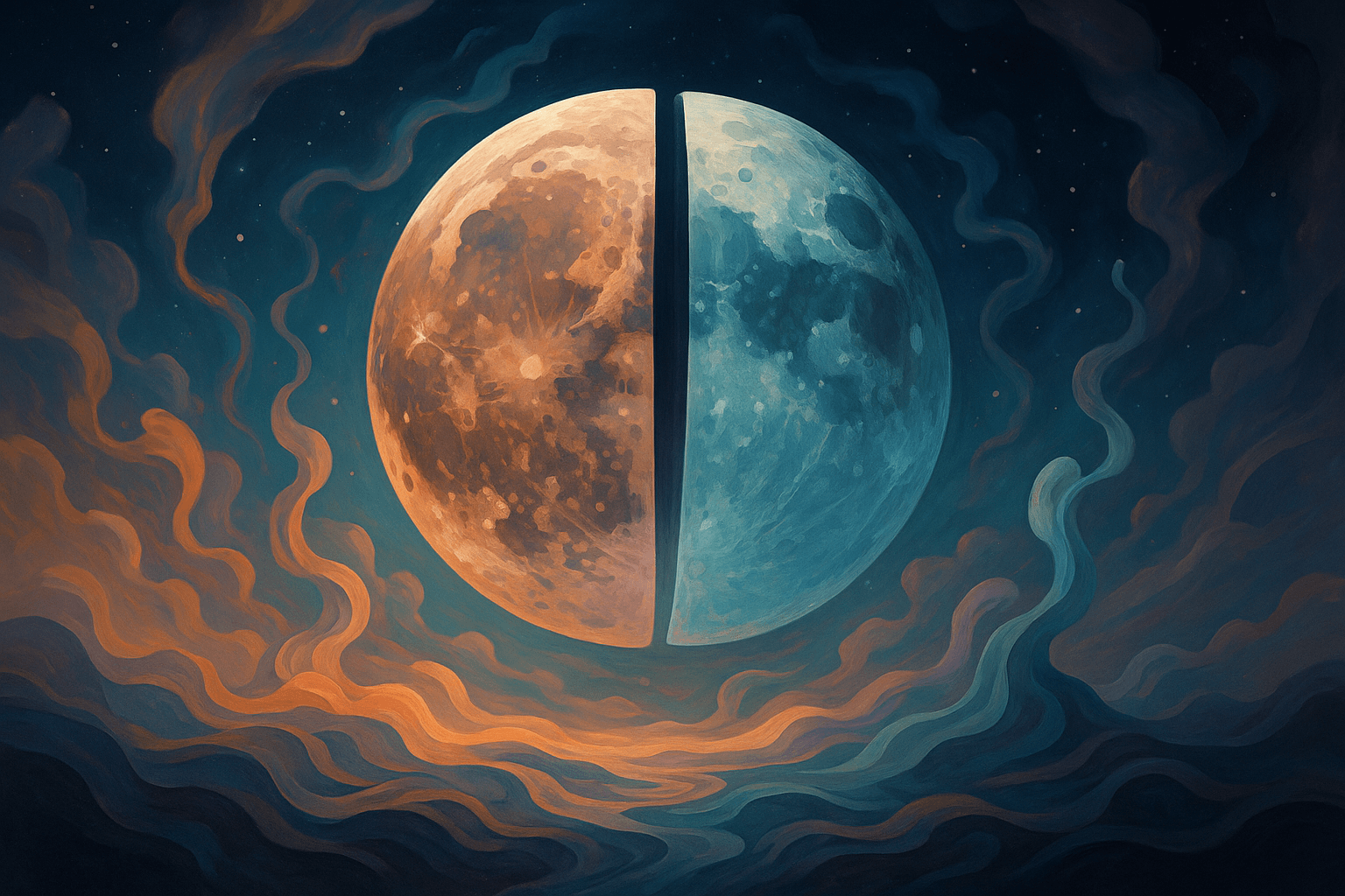 Ilustración surrealista de la Luna partida en dos mitades, con una cara rojiza y otra azulada, flotando sobre un fondo cósmico con nubes de colores y estrellas