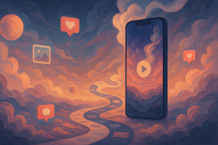 Ilustracion-surrealista-de-movil-con-publicidad-en-video-en-un-paisaje-onirico-representando-Threads-de-Meta