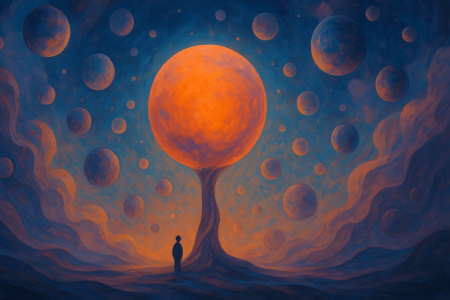 Ilustración surrealista de orbes flotantes simbolizando la moneda virtual Orbs