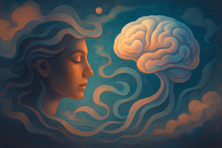 Ilustración surrealista de rostro humano conectado a un cerebro flotante, simbolizando la inteligencia emocional de ChatGPT