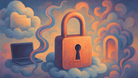 Ilustración surrealista de seguridad en la nube con candado, nubes y computadora