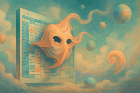 Ilustración surrealista de un archivo de Excel con máscara flotando en un cielo etéreo representando la anonimización de datos para IA