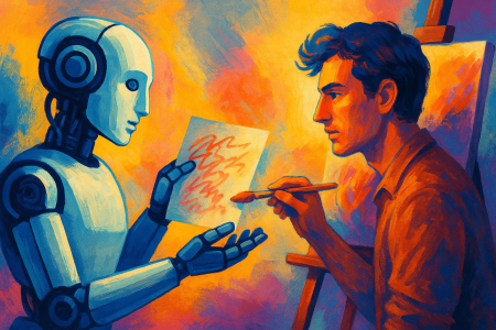 Ilustración surrealista de un artista humano frente a un robot, ambos creando arte en paralelo