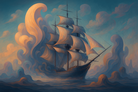 Ilustración surrealista de un barco navegando entre nubes fantásticas, simbolizando la construcción naval del futuro.