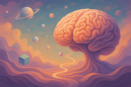 Ilustración surrealista de un cerebro gigante sobre un paisaje fantástico que simboliza el avance de la inteligencia artificial segura con OpenAI Operator y el modelo o3.