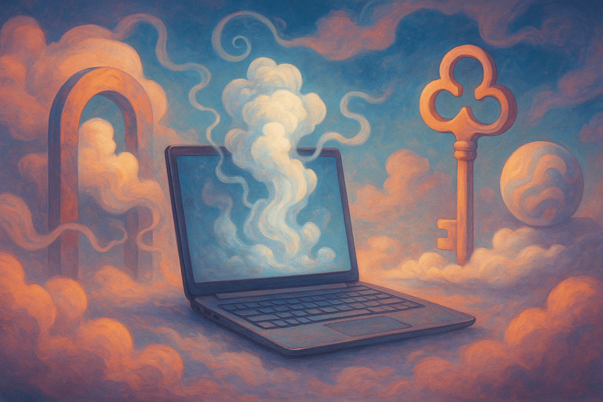 Ilustración surrealista de un portátil abierto con humo onírico saliendo de la pantalla, junto a una llave dorada y un arco flotante entre nubes de colores suaves, representando el acceso abierto al sistema Linux en Windows