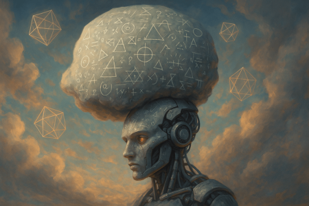 Ilustración surrealista de un robot con una nube simbólica de signos sobre la cabeza, representando los retos técnicos y el retraso en el desarrollo del modelo Behemoth de Meta